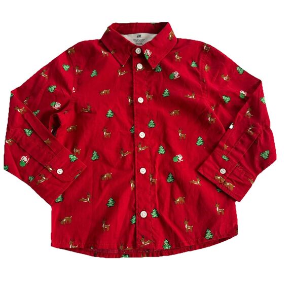 Toddler Boys H&M Christmas Reindeer Xmas Trees Pattern Shirt Red Size 2T NEW - Picture 1 of 5